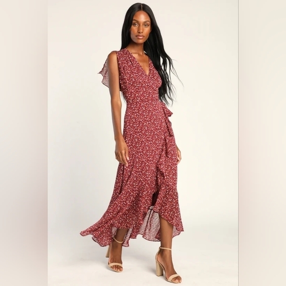 Lulu's Good Moments Burgundy Floral Print Split Sleeve Faux-Wrap Dress NWT - Picture 4 of 16